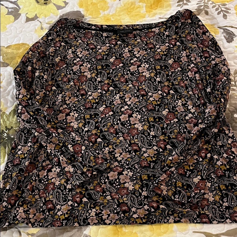 J. Jill Black Paisley Floral Long-Sleeve Top with Pink & Brown Accents